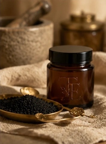 Graines de nigelle — Lin sable & cuillère en laiton